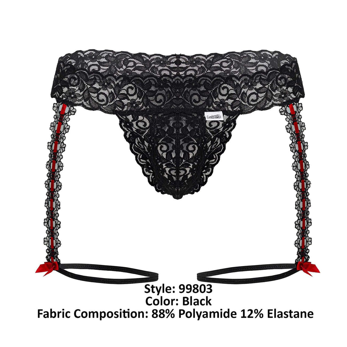 CandyMan Red Bow Lace Garter Thongs - Black