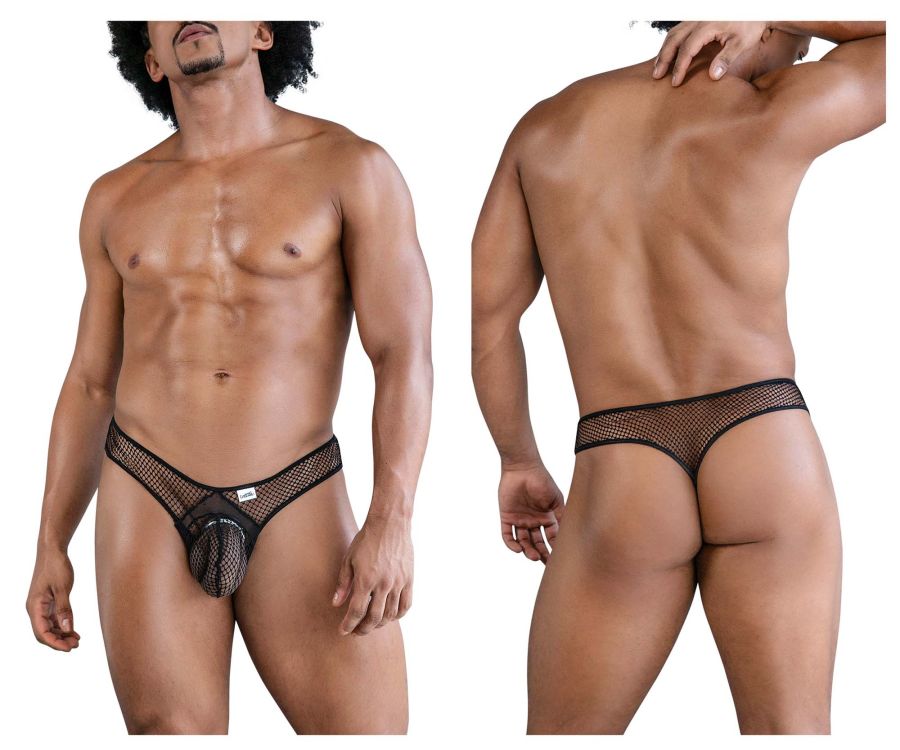 CandyMan Contoured Pouch Fishnet Thongs - Black