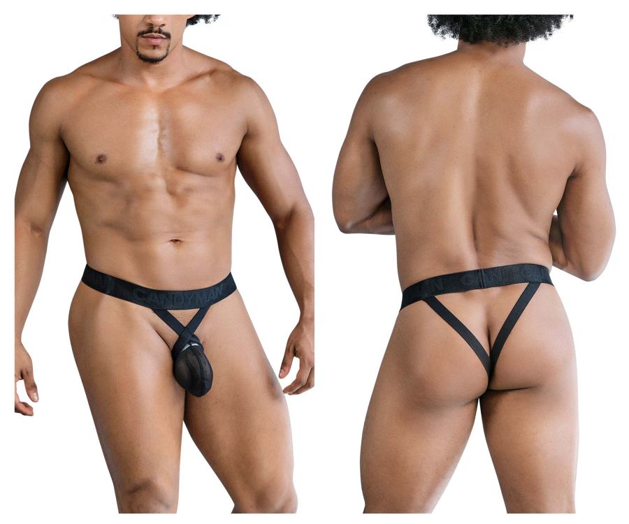 CandyMan Wide Strap Mesh Thongs - Black