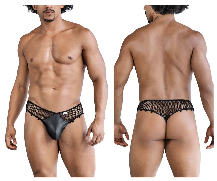 CandyMan Faux Leather Front Fishnet Thongs - Black