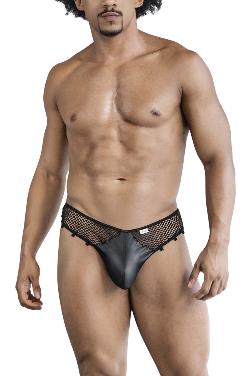CandyMan Faux Leather Front Fishnet Thongs - Black