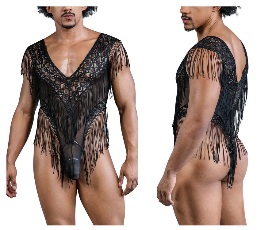 CandyMan Fringe Lace-Mesh Bodysuit - Black