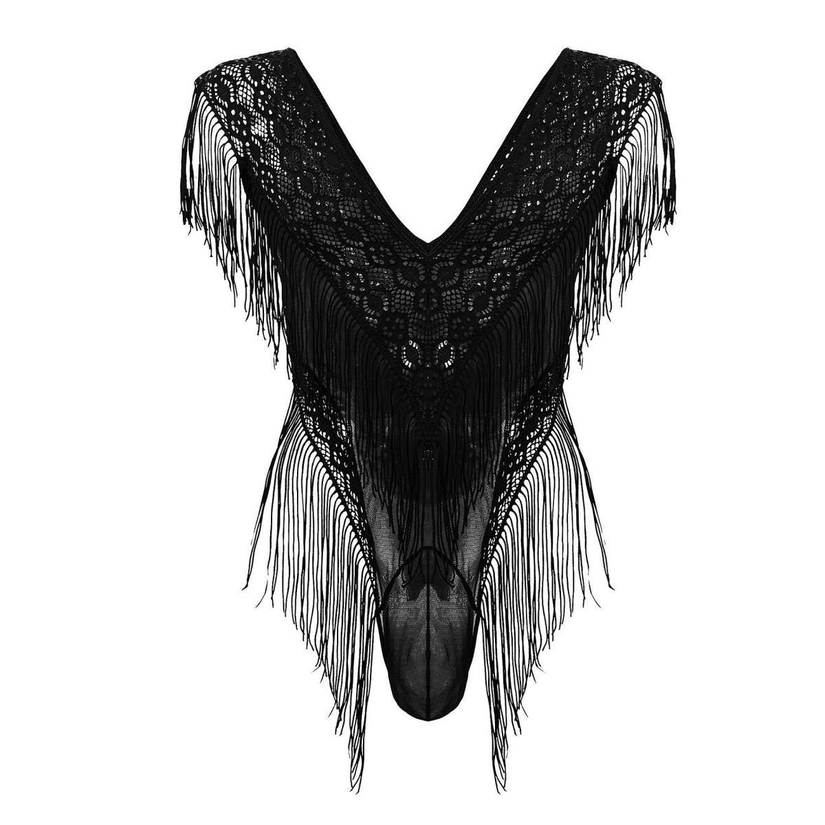 CandyMan Fringe Lace-Mesh Bodysuit - Black