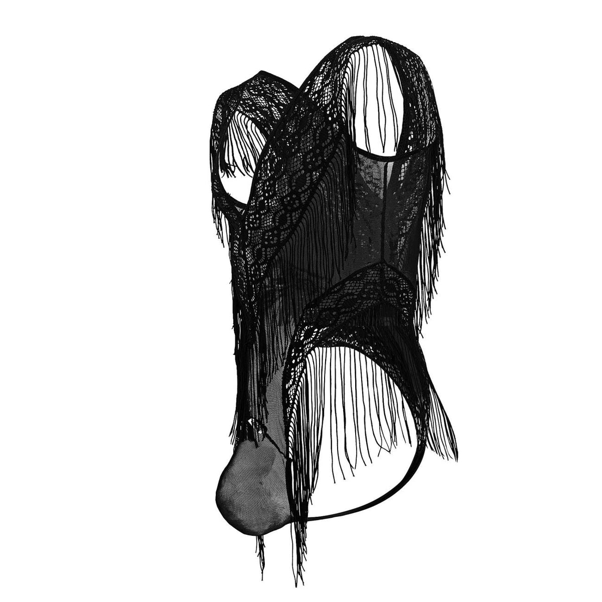 CandyMan Fringe Lace-Mesh Bodysuit - Black