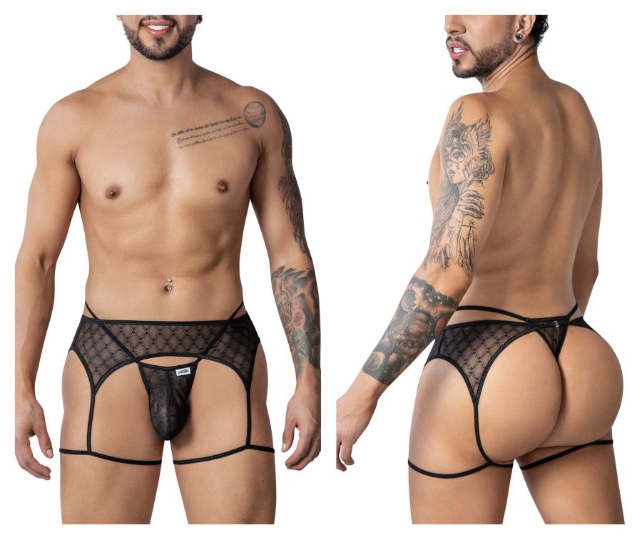 CandyMan Geometric Mesh Garter Thongs - Black