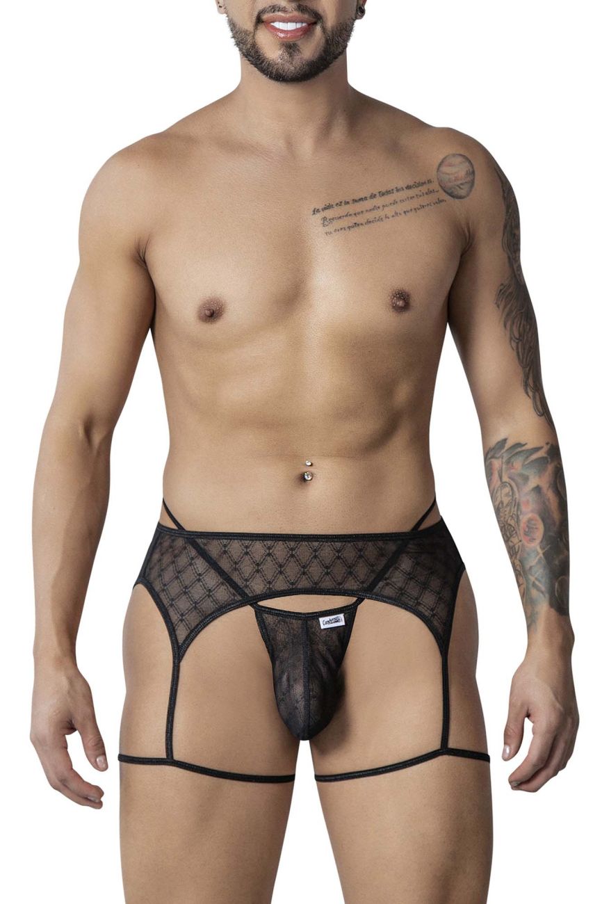 CandyMan Geometric Mesh Garter Thongs - Black