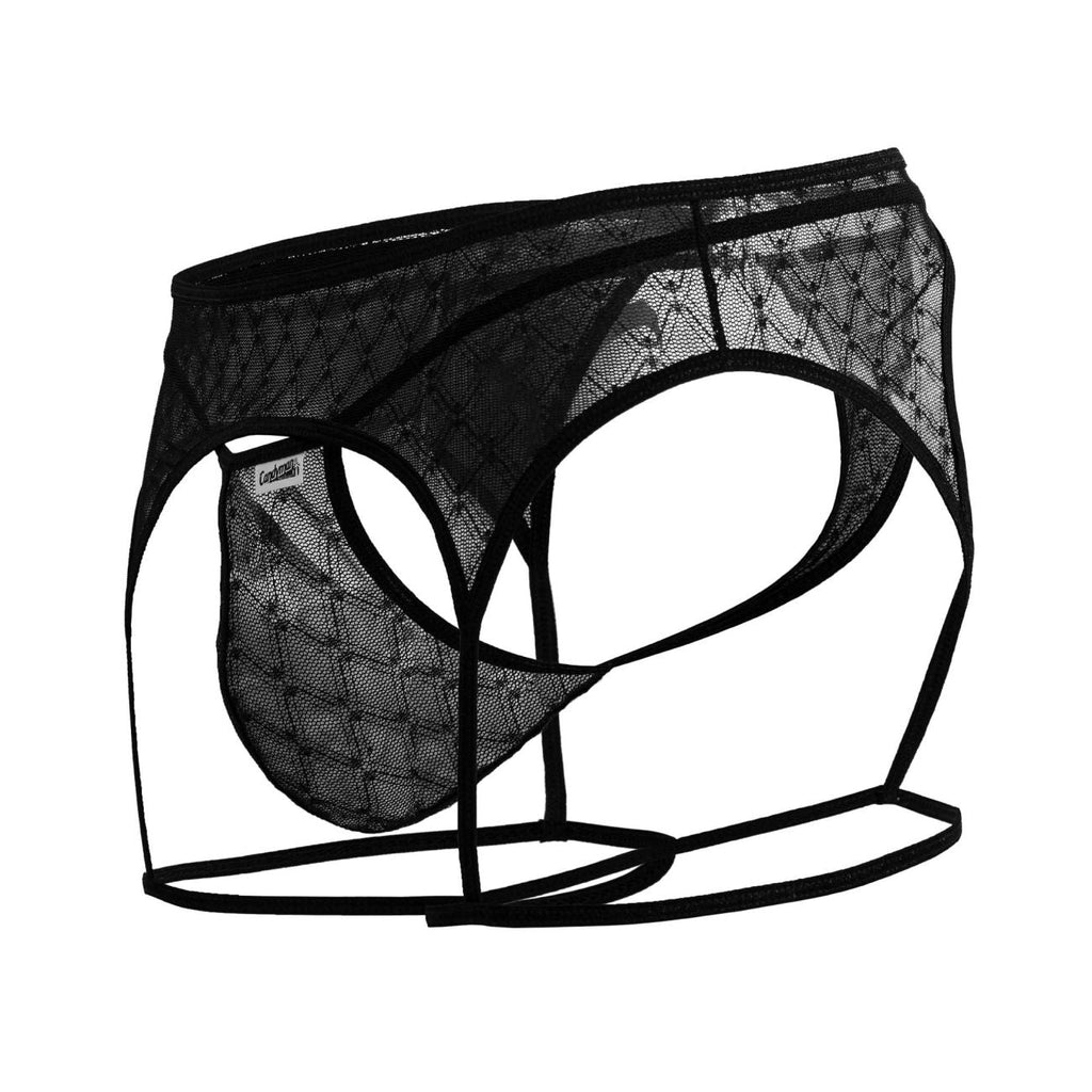 CandyMan Geometric Mesh Garter Thongs - Black