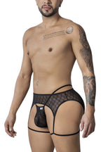 CandyMan Geometric Mesh Garter Thongs - Black