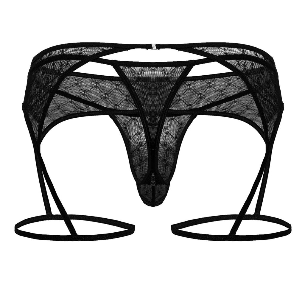 CandyMan Geometric Mesh Garter Thongs - Black