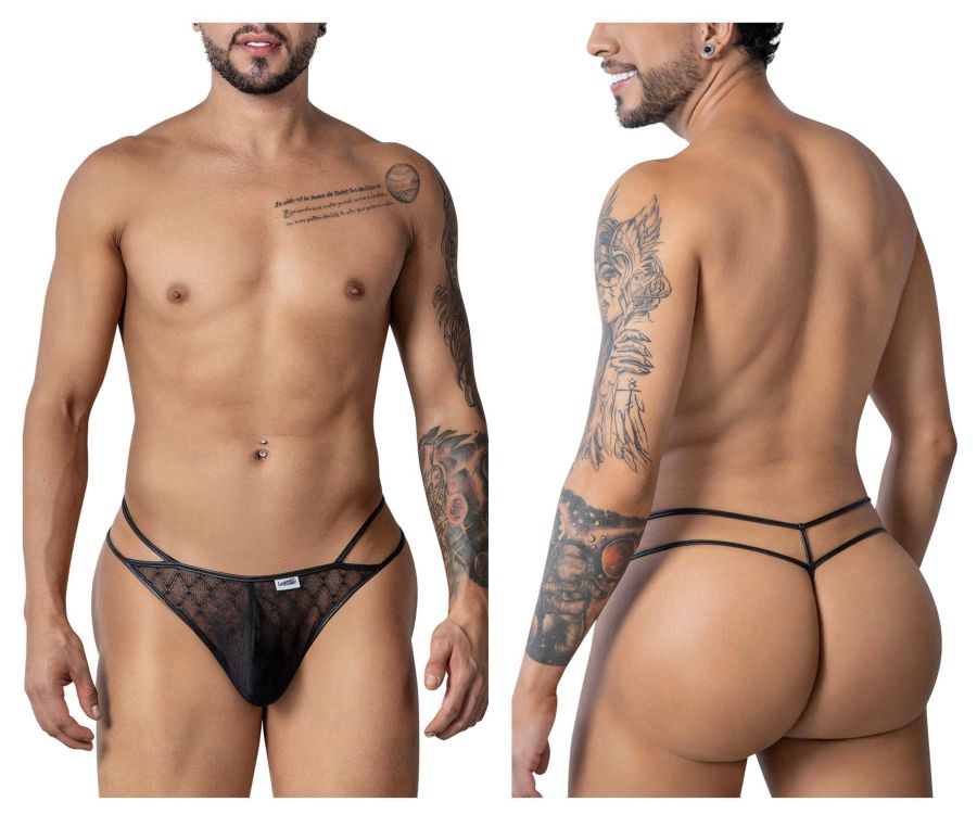 CandyMan Geometric Mesh Double Strap Thongs - Black