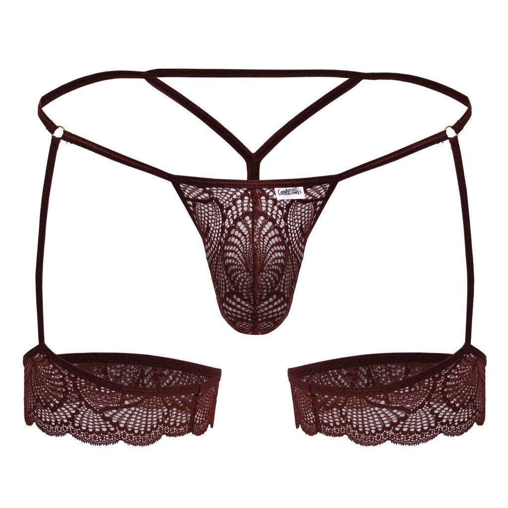 CandyMan Garter Lace Thongs - Burgundy