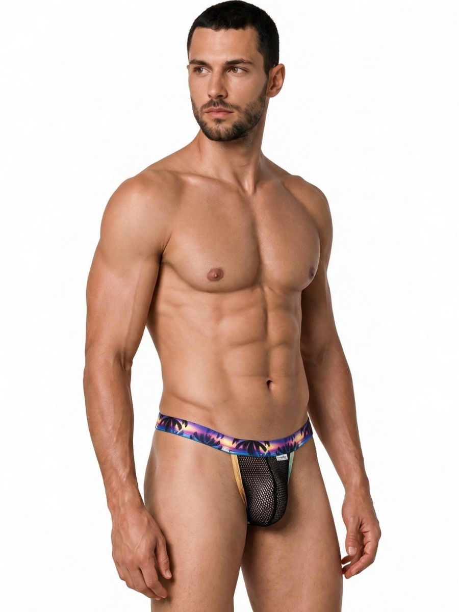CandyMan Tropical Palm Print Thongs - Black
