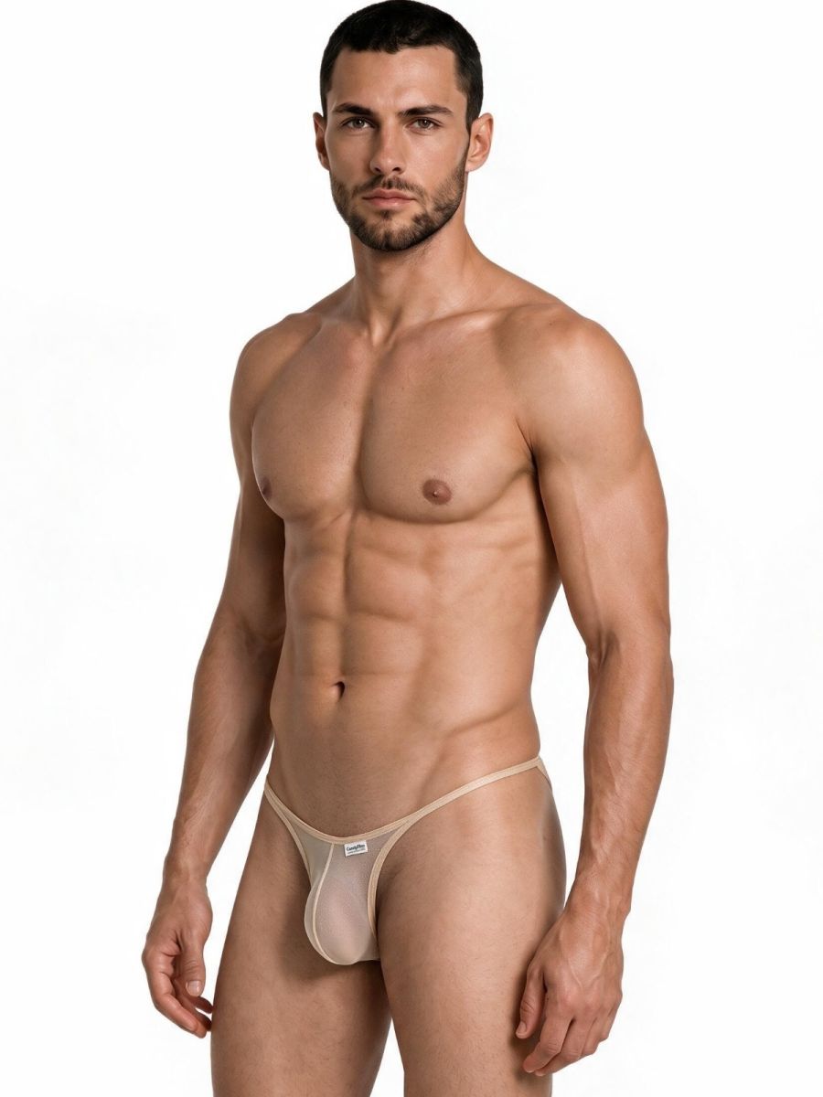 CandyMan Sheer Mesh Thongs - Beige Mesh