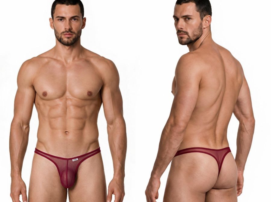 CandyMan Sheer Mesh Thongs - Burgundy Mesh