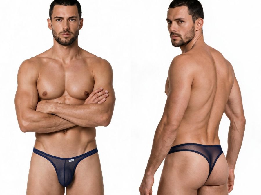 CandyMan Sheer Mesh Thongs - Navy Mesh