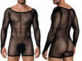 CandyMan Patterned Fishnet Long Sleeve Bodysuit - Black