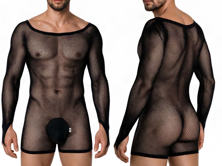 CandyMan Patterned Fishnet Long Sleeve Bodysuit - Black