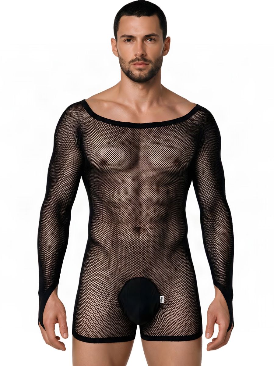 CandyMan Patterned Fishnet Long Sleeve Bodysuit - Black