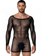 CandyMan Patterned Fishnet Long Sleeve Bodysuit - Black
