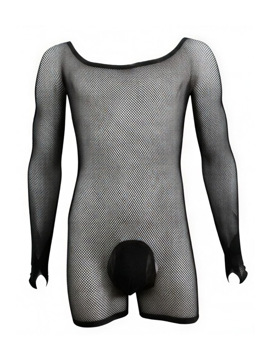 CandyMan Patterned Fishnet Long Sleeve Bodysuit - Black