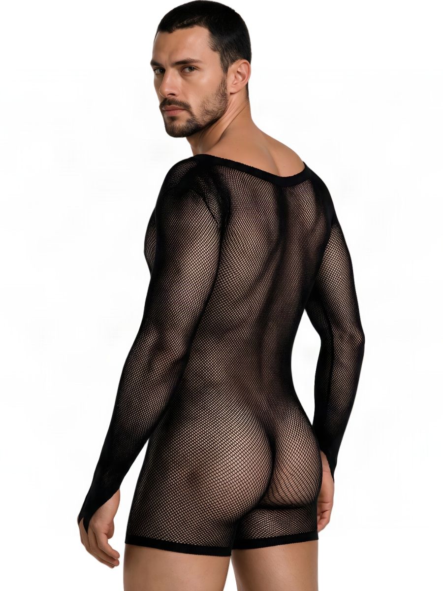 CandyMan Patterned Fishnet Long Sleeve Bodysuit - Black