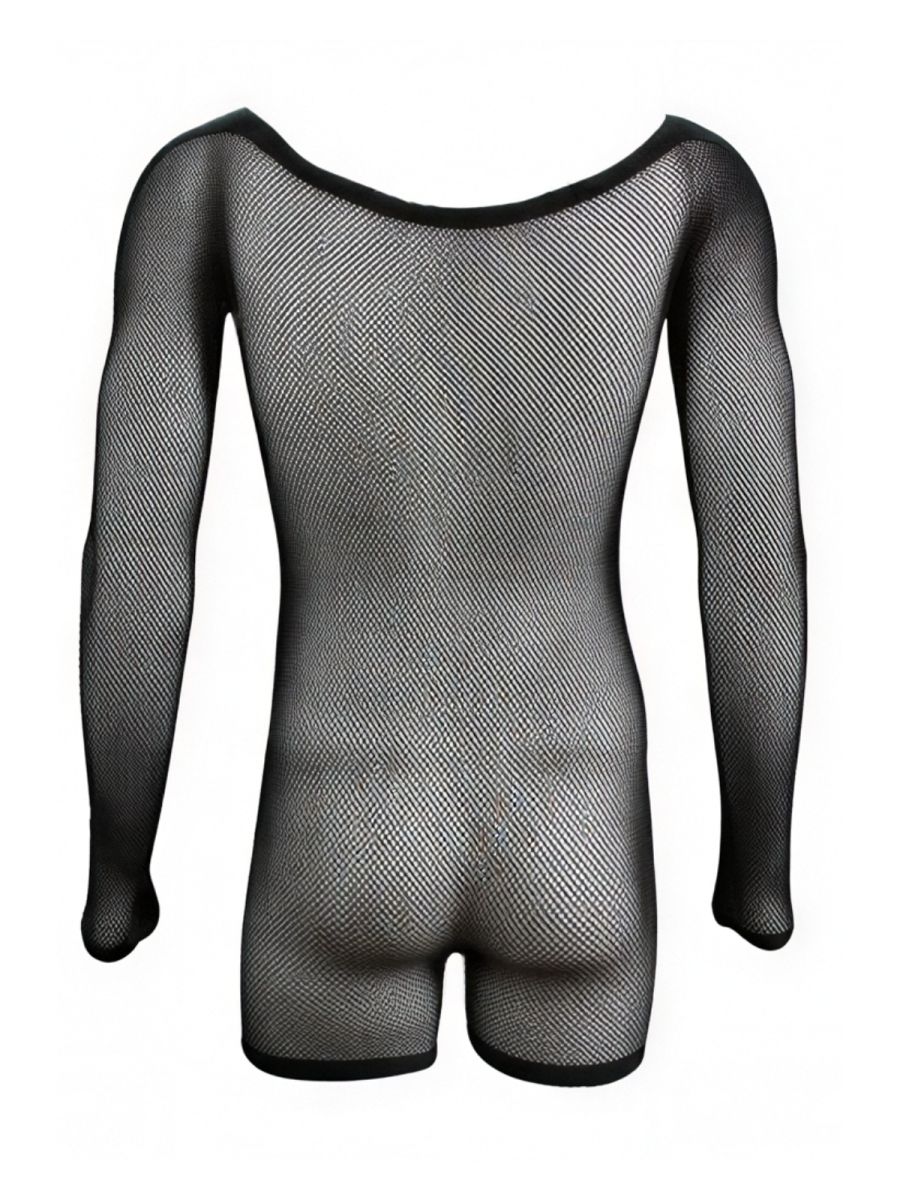 CandyMan Patterned Fishnet Long Sleeve Bodysuit - Black