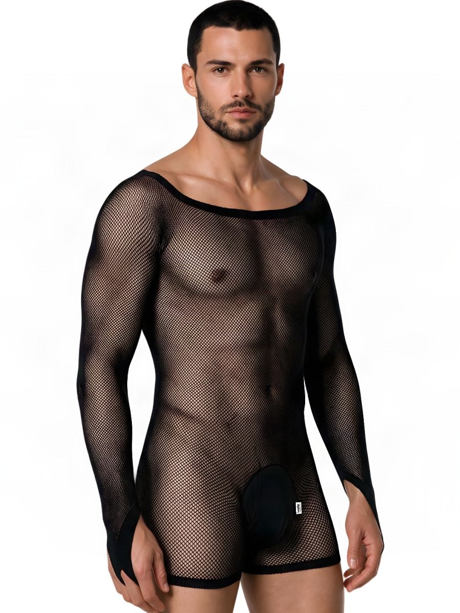 CandyMan Patterned Fishnet Long Sleeve Bodysuit - Black