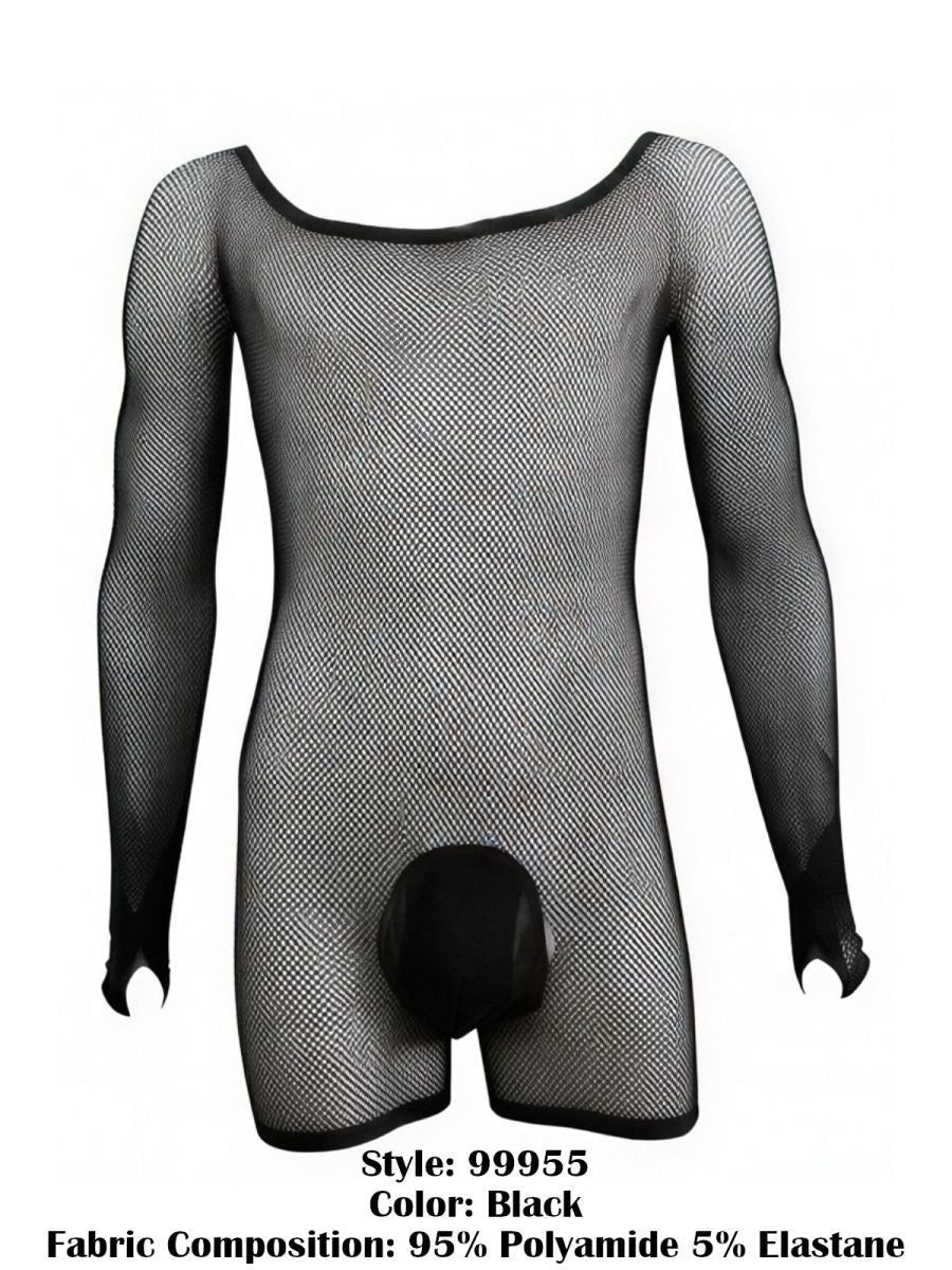 CandyMan Patterned Fishnet Long Sleeve Bodysuit - Black