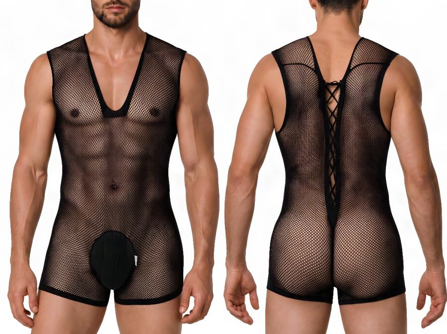 CandyMan Sheer Textured Mesh Lace-Up Bodysuit - Black