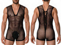 CandyMan Sheer Textured Mesh Lace-Up Bodysuit - Black
