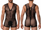 CandyMan Sheer Textured Mesh Lace-Up Bodysuit - Black