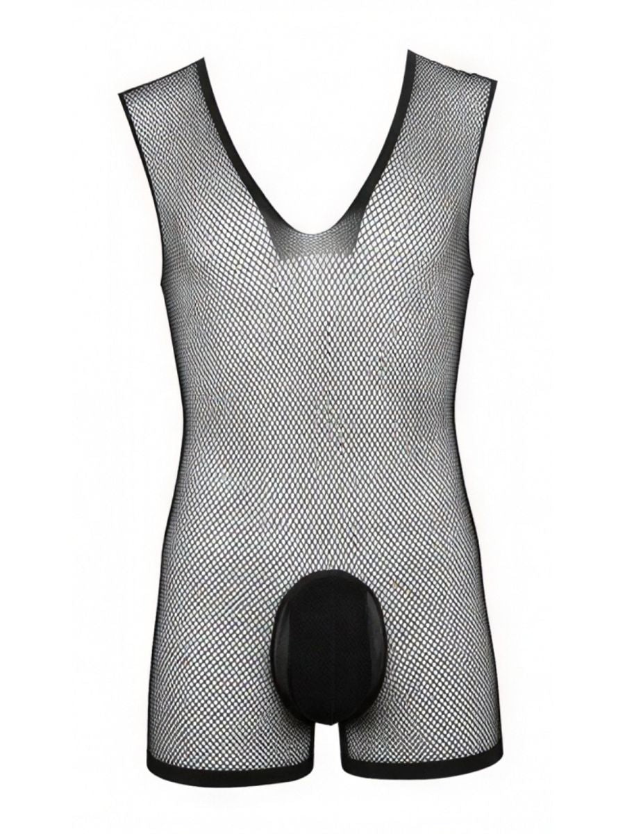 CandyMan Sheer Textured Mesh Lace-Up Bodysuit - Black