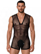 CandyMan Sheer Textured Mesh Lace-Up Bodysuit - Black