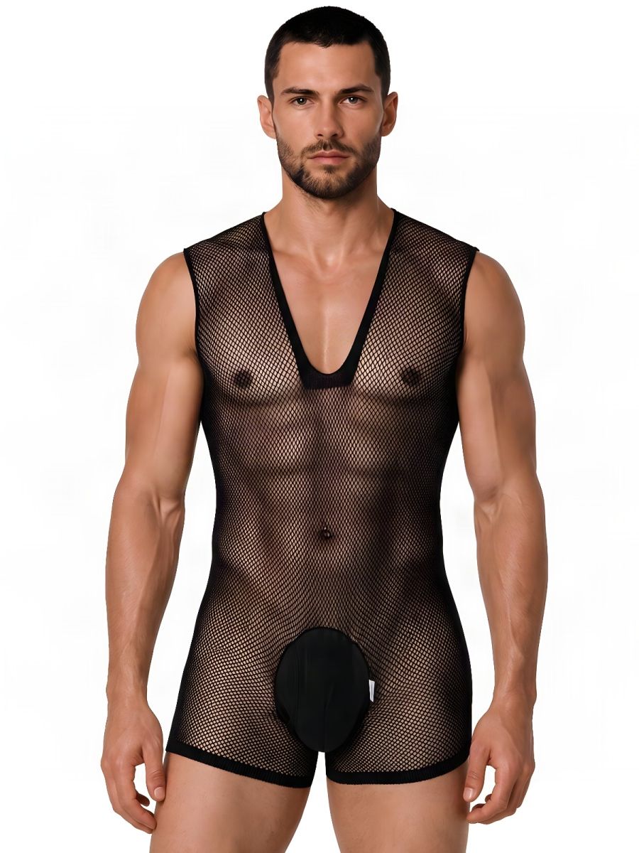 CandyMan Sheer Textured Mesh Lace-Up Bodysuit - Black