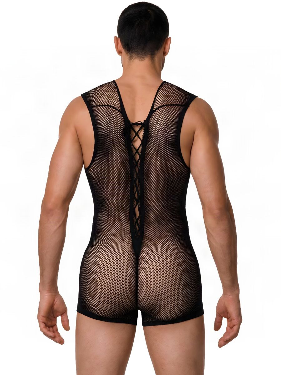 CandyMan Sheer Textured Mesh Lace-Up Bodysuit - Black