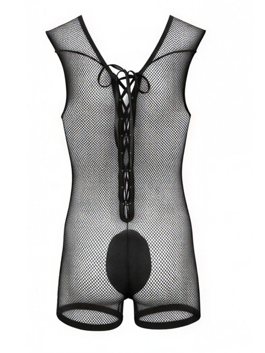 CandyMan Sheer Textured Mesh Lace-Up Bodysuit - Black
