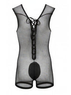 CandyMan Sheer Textured Mesh Lace-Up Bodysuit - Black