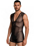 CandyMan Sheer Textured Mesh Lace-Up Bodysuit - Black
