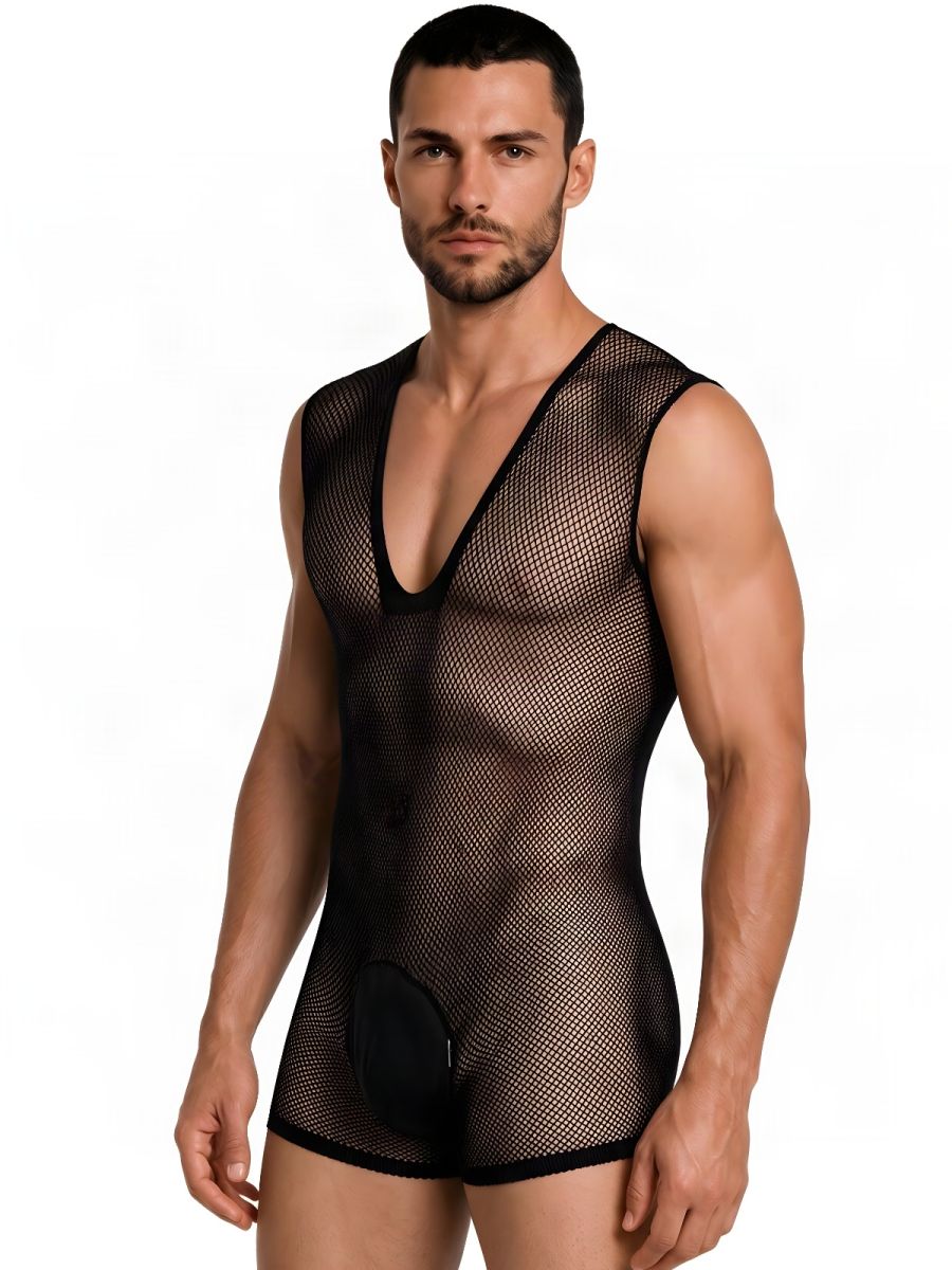 CandyMan Sheer Textured Mesh Lace-Up Bodysuit - Black
