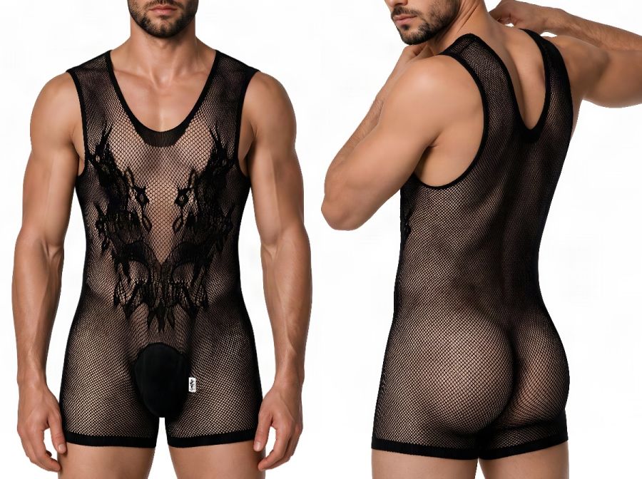 CandyMan Sheer Patterned Bodysuit - Black