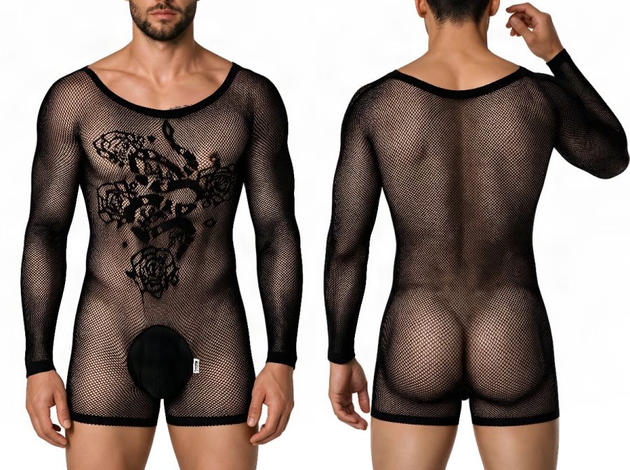 CandyMan Bodysuit Alluring Sheer Long Sleeve - Black