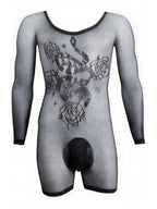 CandyMan Bodysuit Alluring Sheer Long Sleeve - Black