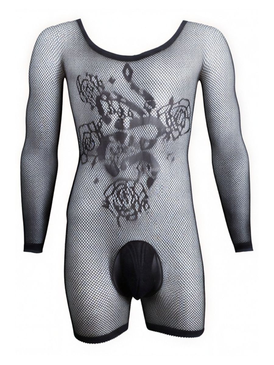 CandyMan Bodysuit Alluring Sheer Long Sleeve - Black