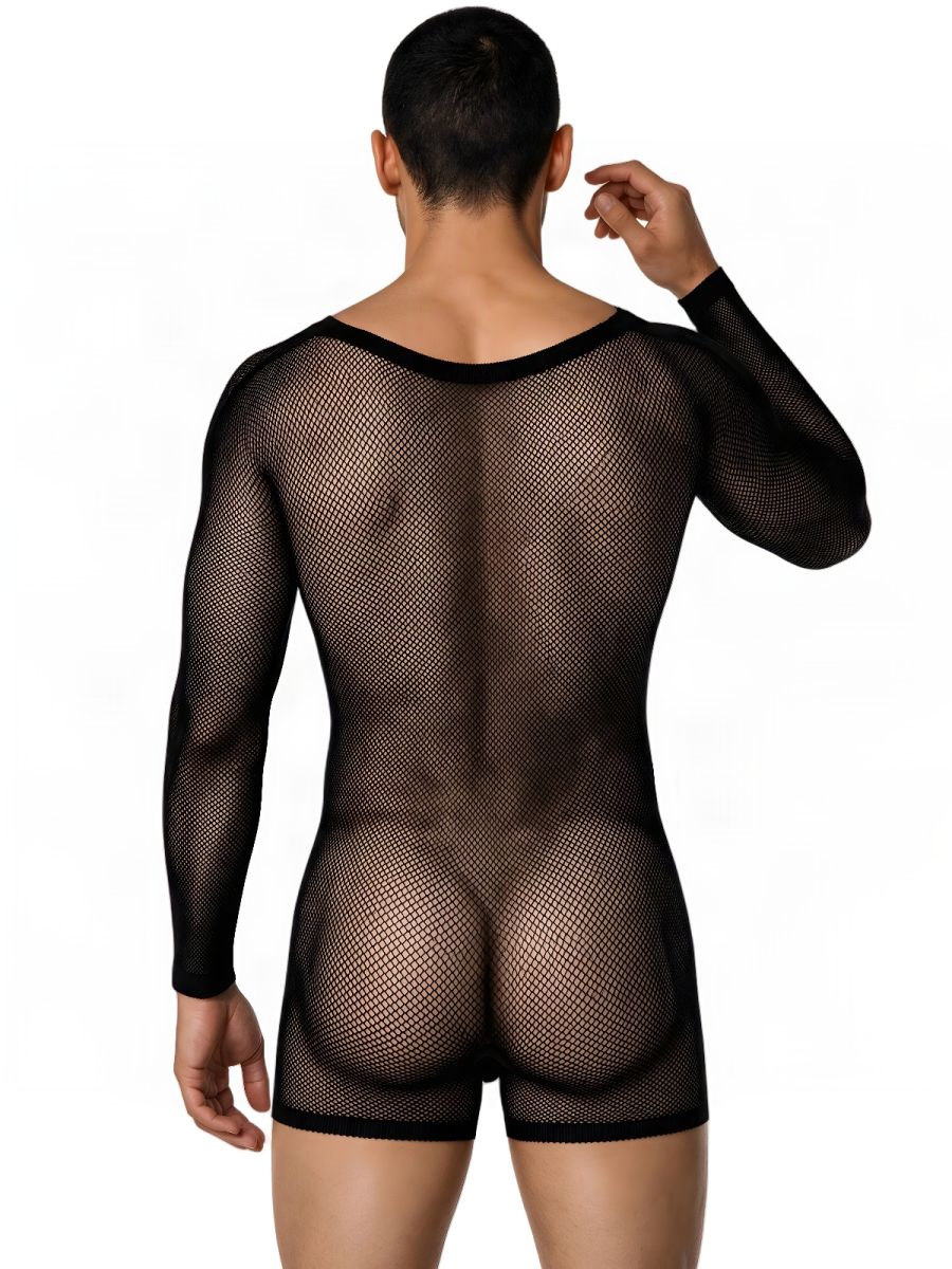 CandyMan Bodysuit Alluring Sheer Long Sleeve - Black