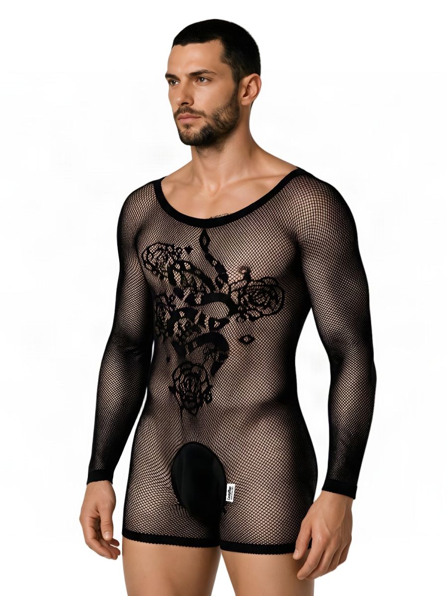 CandyMan Bodysuit Alluring Sheer Long Sleeve - Black