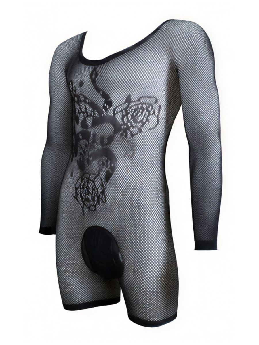 CandyMan Bodysuit Alluring Sheer Long Sleeve - Black