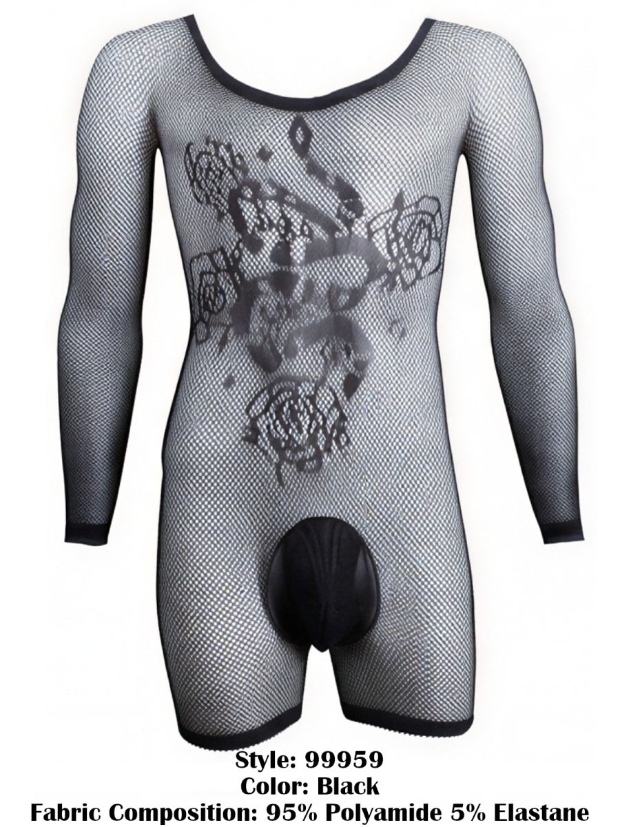 CandyMan Bodysuit Alluring Sheer Long Sleeve - Black
