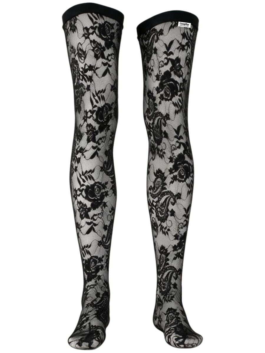 CandyMan Seductive Lace Thigh Highs - Black