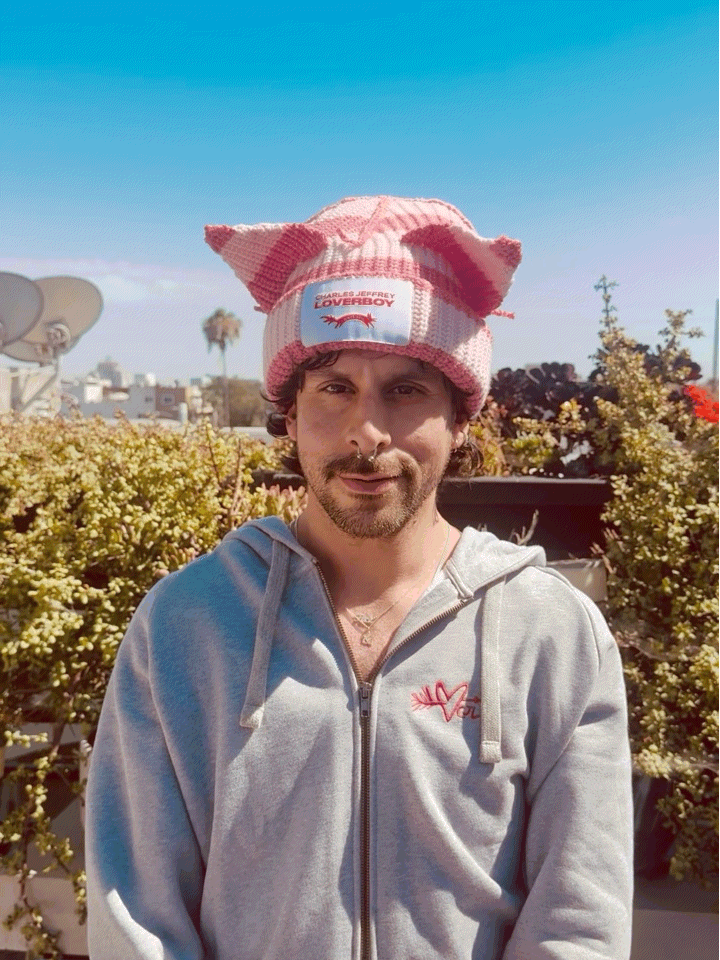 LOVERBOY BY CHARLES JEFFREY CHUNKY EARS BEANIE in PINK STRIPE
