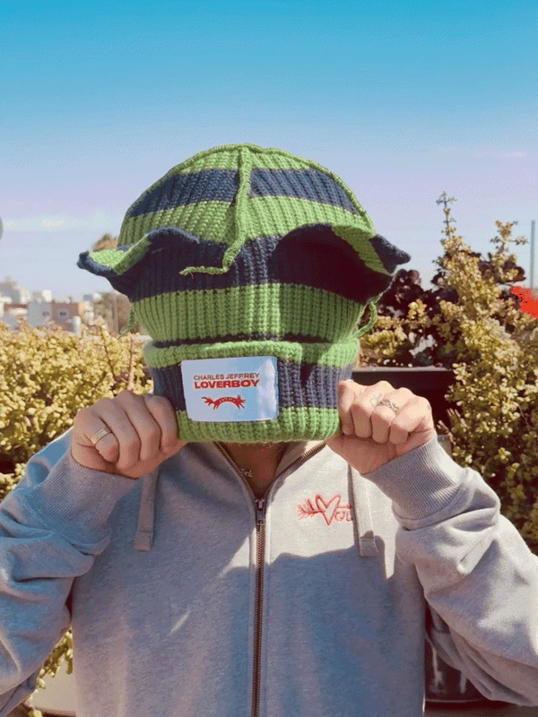 LOVERBOY BY CHARLES JEFFREY SUPERSIZED CHUNKY EARS BEANIE in GREEN NAVY